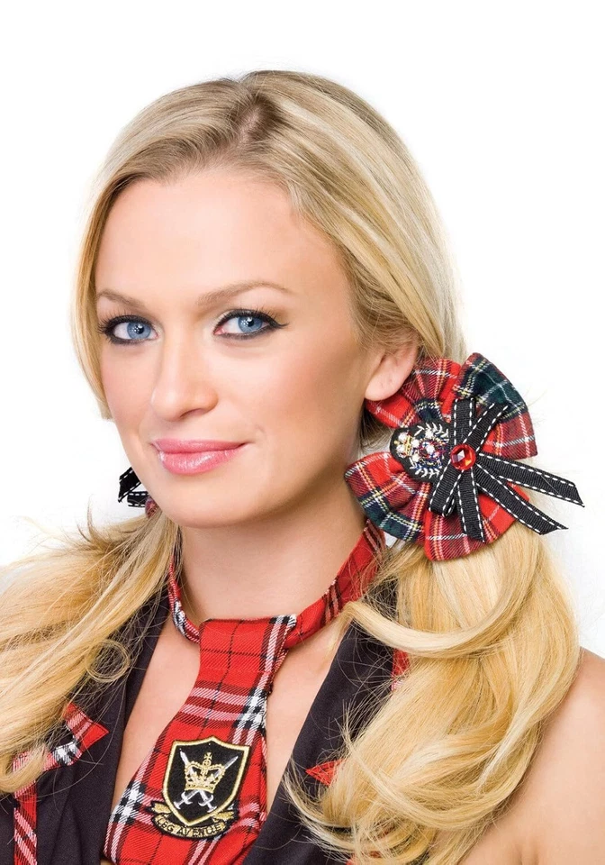 School Girl Hair Bows Clips Red Plaid Fancy Dress Up Halloween Costume Accessory - Image 1 of 1