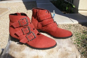 TOPSHOP Rust Suede Triple Buckle Ankle Boots - Picture 1 of 8