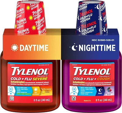 Tylenol resfriado + líquido gripe grave, dia e noite alívio de dor e febre pacote econômico 2ct - Imagem 1 de 4