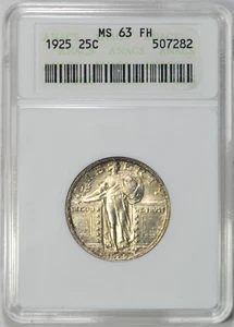 1925 STANDING LIBERTY QUARTER ANACS MS63 FH ¡SOPORTE DE CAJA DE JABÓN ANTIGUO CABEZAL COMPLETO! - Imagen 1 de 3