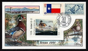 USA, SCOTT # TX11, HANDPAINTED MILFORD FDC COVER 1991 TEXAS DUCK WATERFOWL - Picture 1 of 1