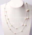 Natural 7-8mm White Rice Shape Akoya Freshwater Pearl Chain Long Necklace 46" Aa