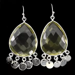 Natural 65.60TCW Pear Cut 26x18mm Yellow Lemon Quartz 925 Silver DANGLE Earrings - Picture 1 of 4