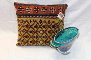 A Handmade Pillow Made out of Antique Caucasian Shirvan Rug pre 1900 Gold - Picture 1 of 9