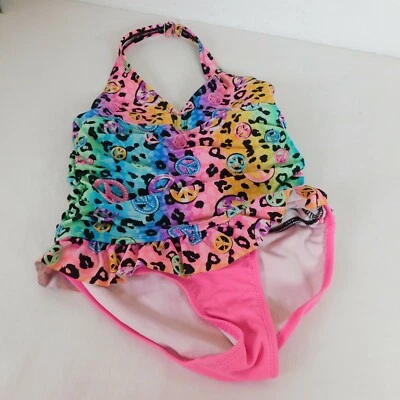 Traje de baño OP para niña talla 7/8 estampado animal con signos de paz halter parte superior rosa inferior Foto 1 de 4