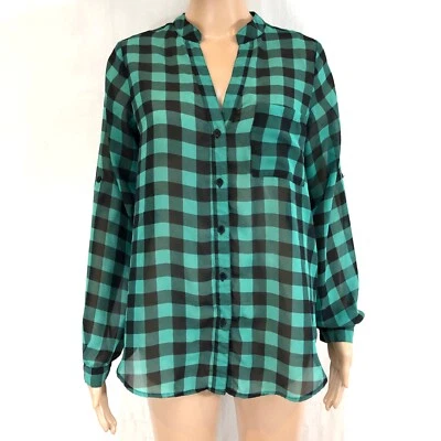 Xhilaration women’s Blouse sz M. Semi Sheer. green and Black Plaid Polyester - Image 1 of 4