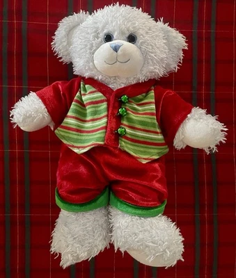 BUILD-A-BEAR WHITE TEDDY BEAR PLUSH WEARING RED & GREEN VELVET CHRISTMAS OUTFIT - Image 1 of 4