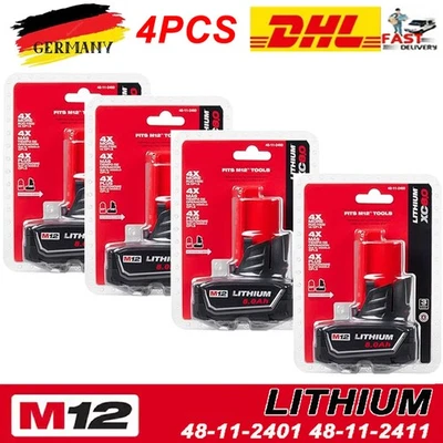 4x NEU Für Milwaukee M12 B6 12V XC 8.0 Akku 48-11-2460 M12 M12B3 Lithium DE