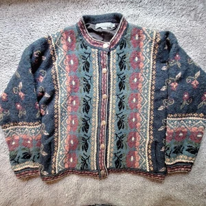 Pull femme design islandais bleu moyen bouton floral laine mélangée doublé boho - Photo 1/13