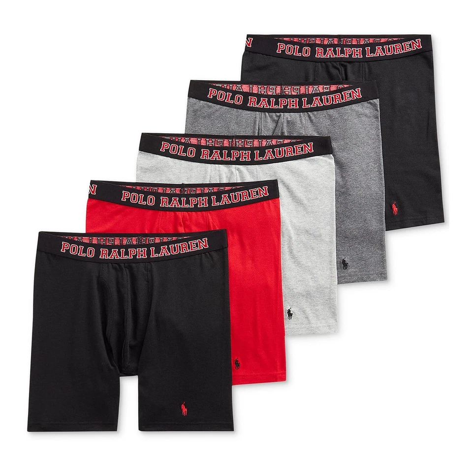 Paquete de 5 calzoncillos boxer clásicos de malla Polo Ralph Lauren para hombre (pequeños, negros/rojos/grises) Foto 1 de 1