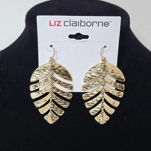 Liz Claiborne Gold Tone Textured Leaf Dangle Earrings Pierced Tropical 2.5 Inch - Picture 1 of 4