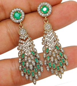 Ottoman Empire Style 4CT Treated Emerald 925 Sterling Silver Earrings SB3-1 - Picture 1 of 2