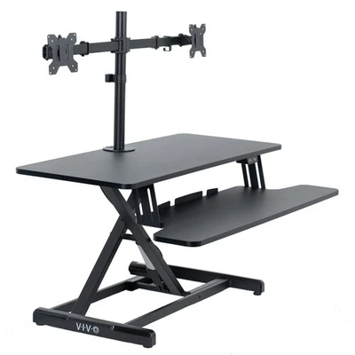 VIVO Black 36" Electric Desk Riser with Dual Monitor Arm for up to 30" Screens - Image 1 of 4