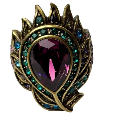 Heidi Daus Peacock Feather Purple Multi Color Crystal Ring Size 8 - Image 1 of 4