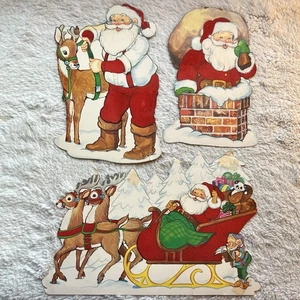 Vtg 70s Flocked Santa Sleigh Reindeer Die Cut Lot Christmas Wall Window Decor - Picture 1 of 23