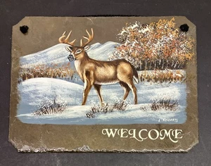 Hand Painted Welcome Slate Sign Big Buck Deer Snowy Mountains Fall Leaves - Picture 1 of 6