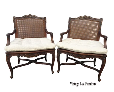 Par de Sillones Franceses Proviciales Luis XVI de Bastón Sillas con Cojín Camilla Blanco Foto 1 de 4