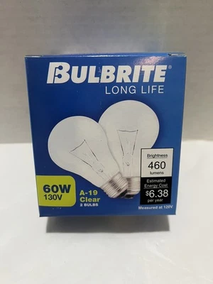 Set Of 2 : Bulbrite Long Life 60w 130V A-19 CLEAR Light Bulbs - Image 1 of 4