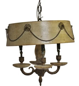 Antique French 4 Arm Brass Shaded Chandelier - Picture 1 of 14