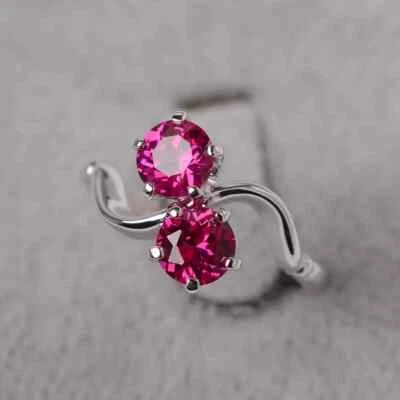 Two Stone Red Ruby Ring, 925 Silver Round Ruby Ring, Engagement Ring For Women - Image 1 of 3