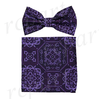Conjunto de pajarita y pañuelo preatado de microfibra para hombre flores moradas boda formal  Foto 1 de 4
