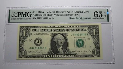 $1 1988 Radar Serial Number Federal Reserve Currency Bank Note Bill PMG UNC65EPQ - Image 1 of 3