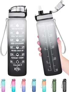 32oz Motivational Drinking Straw Water Bottle with Time Marker and Buckle Strap - Picture 1 of 9