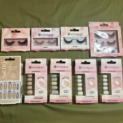 (9) Invogue Beauty Products, Eyelashes W/adhesive, Colored Nails W/Glue, All New - Image 1 of 4