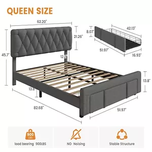 Full Queen King Size Bed Frame Upholstered Headboard Platform w/ Storage Drawers - Picture 1 of 36