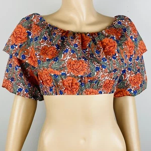 Zara Blue Orange Multicolor Floral Flowers Print Women's M Bohemian Crop Top - Picture 1 of 10