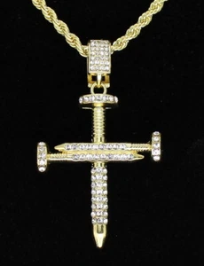 Mens Icy Nail Cross CZ Pendant 14k Gold Plated 24" Rope Chain Hip Hop Necklace - Picture 1 of 3