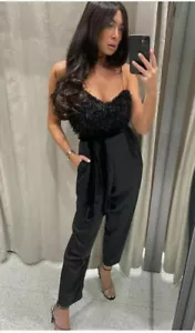 NEW ZARA BLACK COMBINED FEATHER-EFFECT JUMPSUIT V NECK SLEEVELESS SIZE M Y269B - Picture 1 of 10