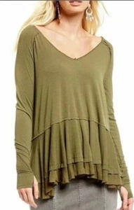 Free People Top Small XS Olive Green Ruffle Shirt Long Slv Layered Tunic Tee - Picture 1 of 4