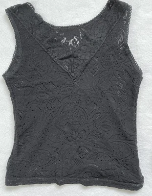 Camiseta sin mangas vintage de encaje negra de los años 90 Y2k para mujer talla XS/S encaje hada delicada romántica Foto 1 de 4