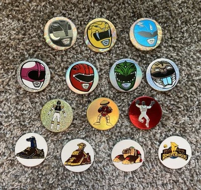 Vintage Mighty Morphin Power Rangers POG Set of 14 Green White Red Yellow Foil - Image 1 of 4