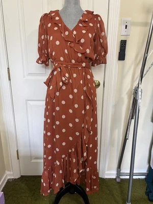 Maxi Vestido Naranja Lunares Manga Corta Volantes Talla Pequeña Cuello en V Invitado Boda Foto 1 de 4