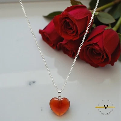 COLLANA DONNA ARGENTO 925 RODIATO CON CUORE IN AGATA ROSSA PIETRA DURA NATURALE - Immagine 1 di 4
