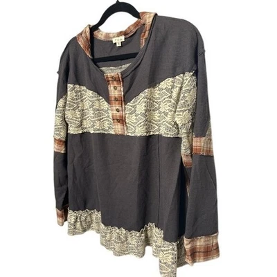 POL Gray Waffle Knit Hooded Top Lace Plaid Long Sleeve Blouse Womens - Image 1 of 4
