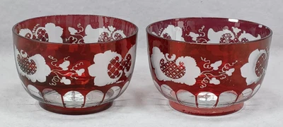 Pair of 20th Century Bohemian Engraved Floral Scrolls Ruby Stained Finger Bowls - Image 1 of 4