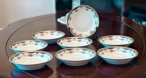 Antique  A. LANTERNIER LIMOGES Berry Bowls, 5 Inch, Black, Pink Floral, Set Of 8 - Picture 1 of 8