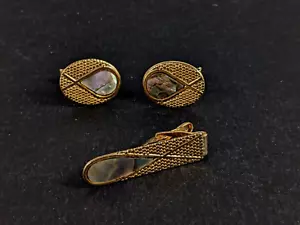 Vintage Cufflinks and Tie Tack Gold Tone Texture Abalone Shell Mother of Pearl - Picture 1 of 7