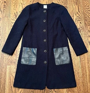 Vestido chaqueta larga gris St John By Marie para mujer talla 10 bolsillos de cuero azul marino - Imagen 1 de 5