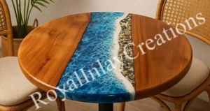 21" Round Beach Shoreline Resin Table – Ocean Epoxy & Wood Cafe Table Art - Picture 1 of 9