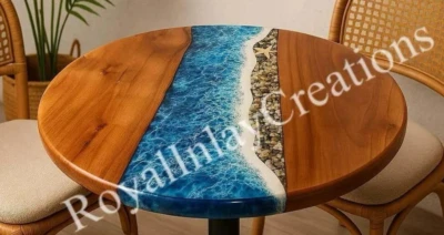 21" Round Beach Shoreline Resin Table – Ocean Epoxy & Wood Cafe Table Art - Image 1 of 4