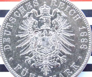 GERMAN 5 Mark 1888 A PRUSSIA KAISER WILHELM II Silver Coin EMPIRE WW1 VERY RARE - Picture 1 of 11