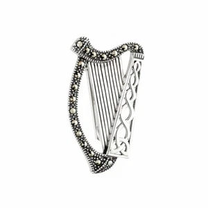 Solvar Irish Harp Brooch Sterling Silver & Marcasite Made in Ireland - Picture 1 of 2