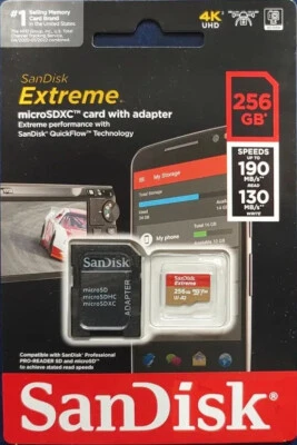 NEW - 256GB SanDisk Extreme Micro SD 190MB/s U3 V30 4K 8K Memory Card + Adapter - Image 1 of 4