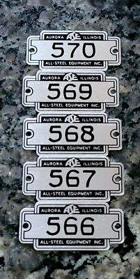 Lot of 5 VTG Metal Locker Tag Numbers Plates Aurora IL All Steel Art Deco Diff # - Image 1 of 4