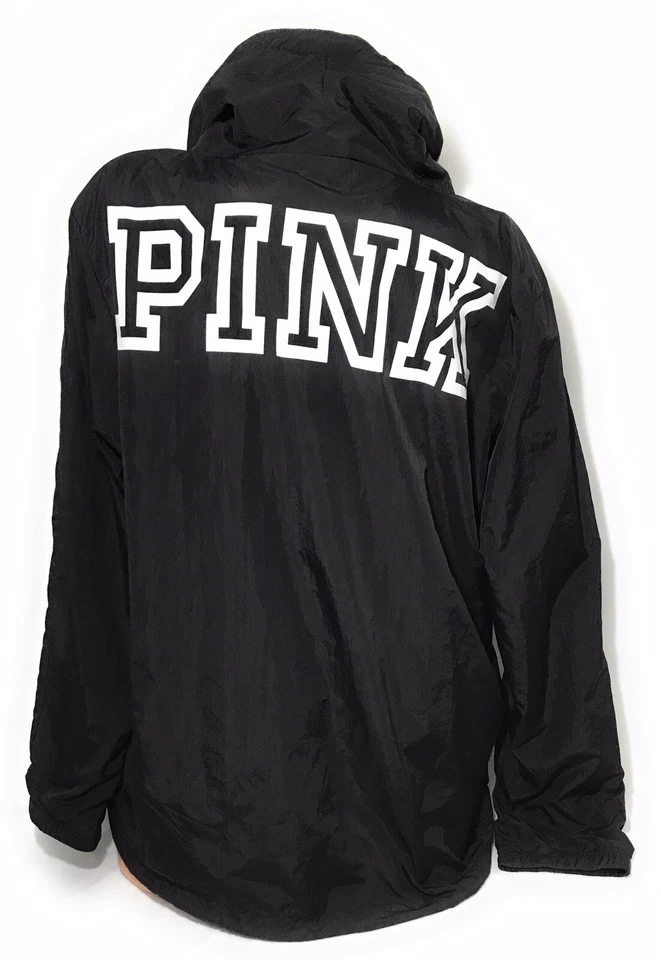Chaqueta cortavientos Victoria’s Secret rosa anorak capucha cuello forrado negra talla L Foto 1 de 2
