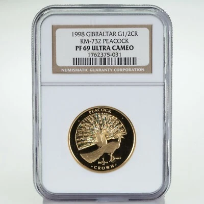 1998 Gibraltar 1/2 Oz. .9999 Gold 1/2 Crown Peacock NGC PF69 Ultra Cameo KM-732 - Image 1 of 4